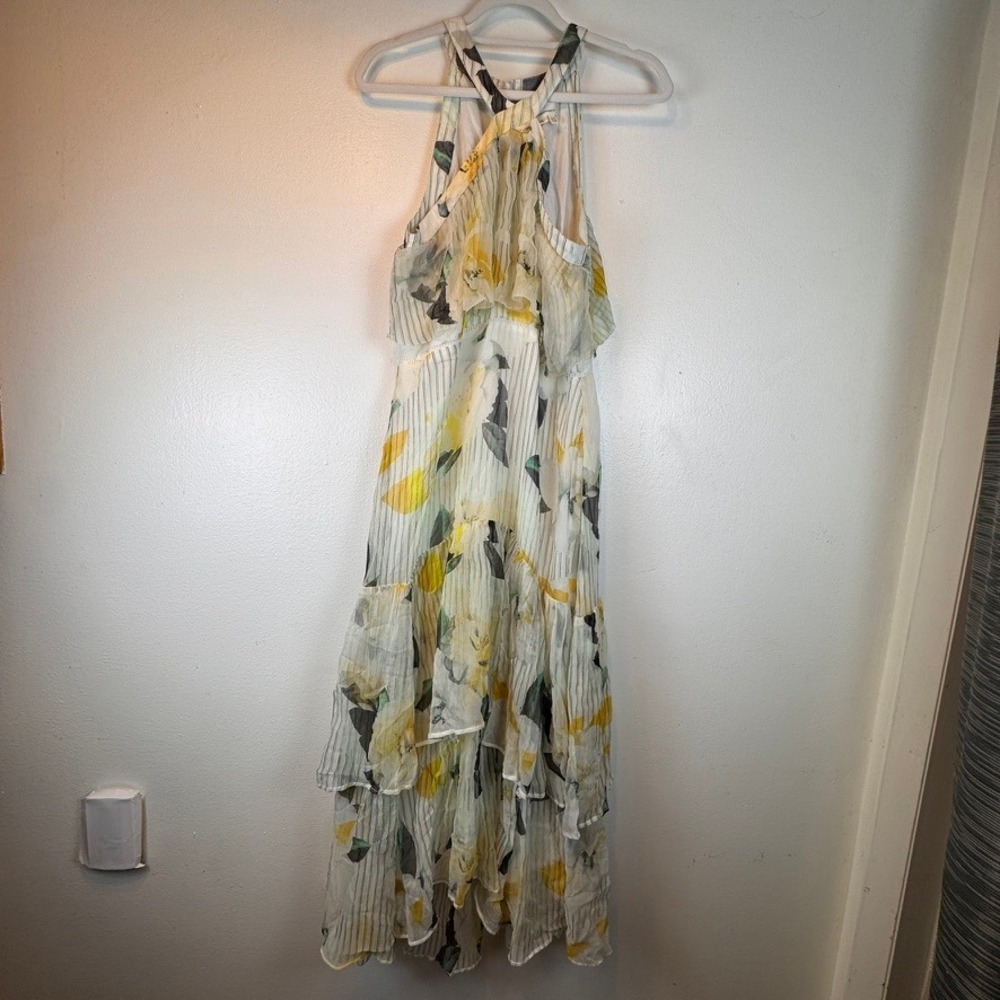 Anthropologie Floral Halter Maxi Dress Yellow White Ruffle Tiered Pleated Size 8